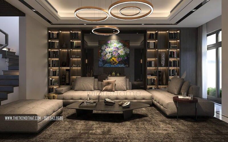 Phòng khách biệt thự, nhà phố đầy ấn tượng sang trọng với tâm điểm là bộ sofa da hiện đại màu nâu cao cấp.
