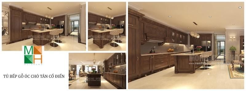 Thiết kế tủ bếp gỗ óc chó tân cổ điển chữ L mang đến sự tiện dụng, phù hợp với không gian rộng của biệt thự cao cấp.