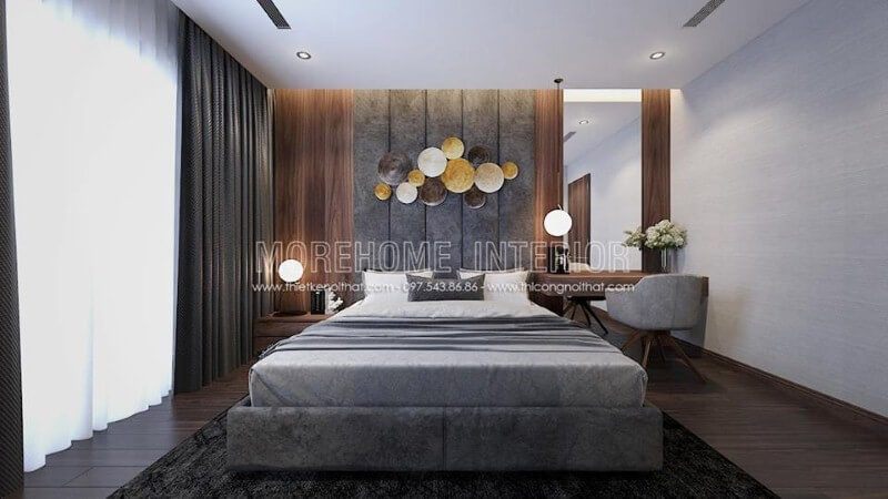 Giường ngủ hiện đại kết hợp nệm ốp đầu giường bọc nhung ấn tượng với tone xám nổi bật.