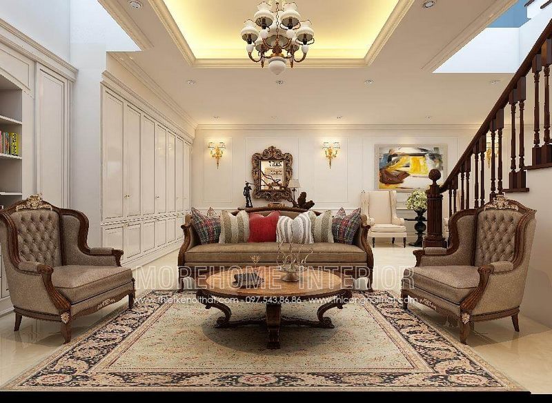 Sofa tân cổ điển gỗ tự nhiên, bọc nỉ cao cấp kết hợp với các chi tiết chạm trổ trang trí độc đáo