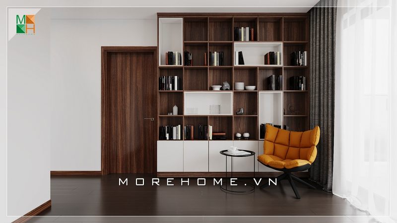 Ấn tượng bộ bàn 1 ghế đọc sách lót nệm màu vàng là điểm nhấn nổi bật cả căn phòng