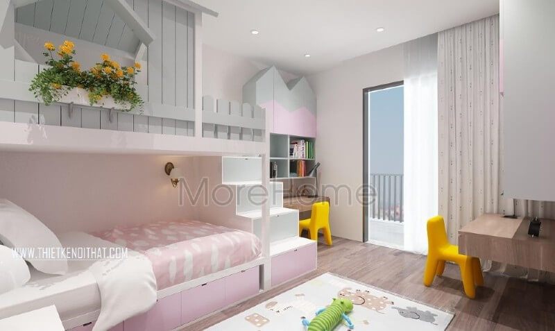 Mẫu nội thất phòng ngủ bé gái đầy đủ và tươi tắn với gam màu hồng làm nổi bật.