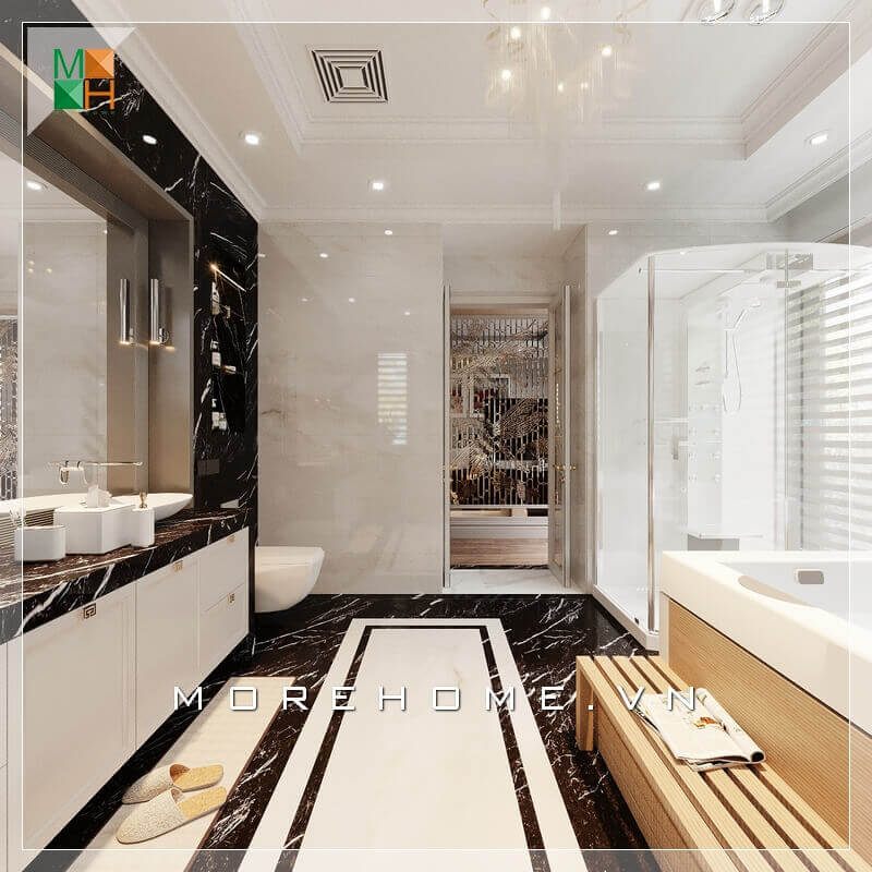 Sự sáng tạo trong thiết kế nội thất phòng tắm biệt thự, nhà phố được thể hiện qua sự kết hợp hài hòa giữa gạch ốp tường và gạch lát sàn màu sắc, tạo nên một không gian phòng tắm rộng và sang trọng.
