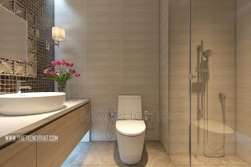 Vách kính được sử dụng trong suốt trong không gian nhà tắm sẽ giúp tạo ra sự linh hoạt và sạch sẽ hơn.